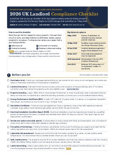 The first page of the 2026 UK Landlord Compliance Checklist